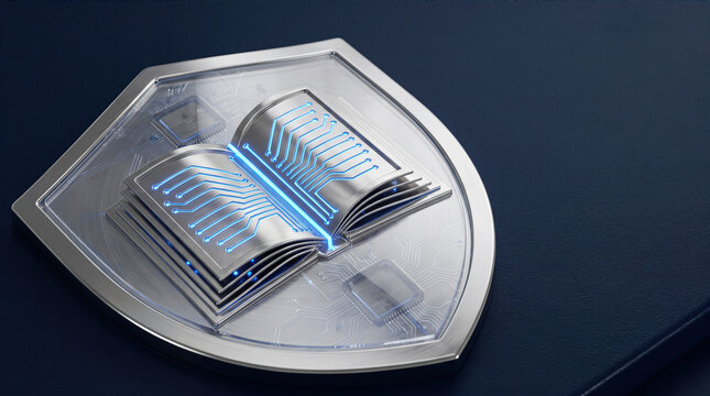 Digital shield cloud standard max book security concept protection education symbol future data cyber technology blue glowing concept art icon