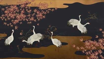 Obraz premium Five White Cranes Dark Red Brown Maple Leaves Bird Flower Dark Water