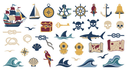 Obraz premium Pirate adventure elements set with sailing ship skull and anchor.