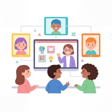Online Classroom Illustration with Teacher and Students in Video Call