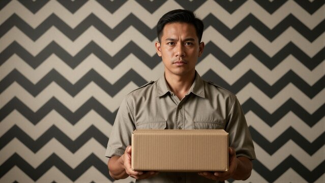 A delivery worker stands upright against a chevron-patterned wall, holding a cardboard box with both hands.