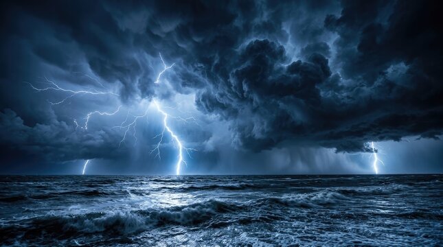A dramatic thunderstorm rages over the ocean. Jagged bolts of lightning illuminate the dark, swirling clouds above.