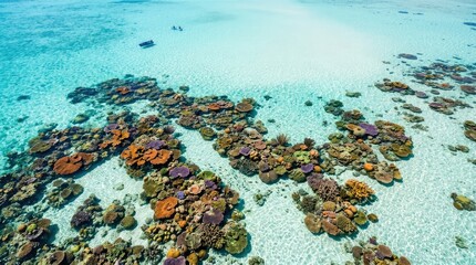 Obraz premium A drone captures an aerial view of a vibrant coral reef in crystal-clear turquoise water. Several snorkelers float peacefully above the colorful coral formations.