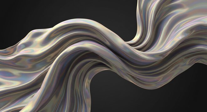 Iridescent Fabric Waves: Smooth, flowing waves of shimmering, iridescent fabric undulate across a dark background, creating an abstract and luxurious visual.