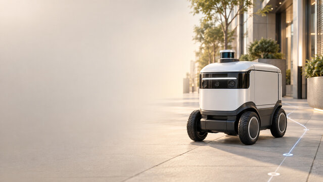 An AI-powered autonomous delivery robot transporting packages along a futuristic smart city sidewalk