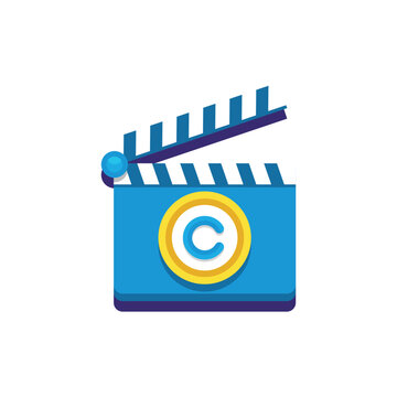 Flat design vector icon of a movie clapperboard with a copyright coin symbol, representing film copyright, video production licensing and cinema content protection concept