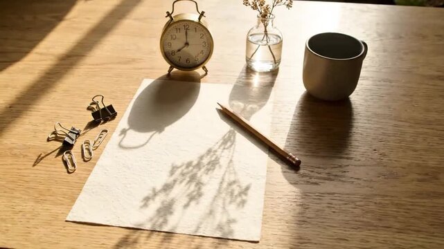 Minimalist Workspace Setup with Blank Paper and Stationery on Wooden Desk in Sunlight