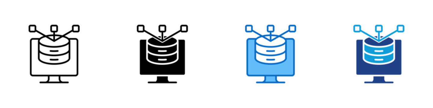 Database Structure Mapping Multiple Style Icon Design Vector - Database on monitor with connection points representing database mapping, data structure connectivity, and network configuration
