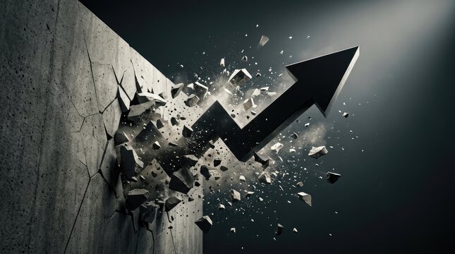 A large black arrow forcefully breaks through a concrete wall, creating a dramatic explosion of debris.