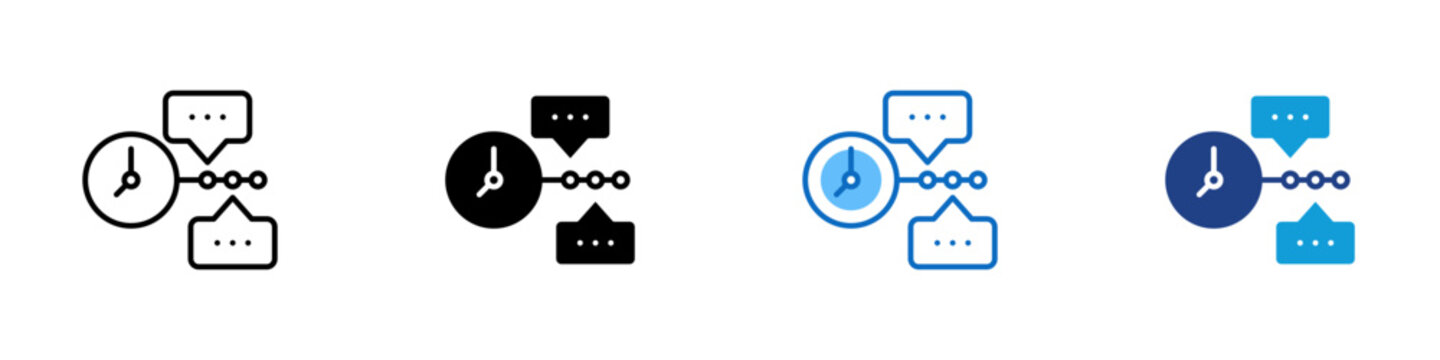 Scheduled Chat Timeline Multiple Style Icon Design Vector - Clock connected to chat messages representing scheduled messaging, timed communication, and conversation history timeline for business