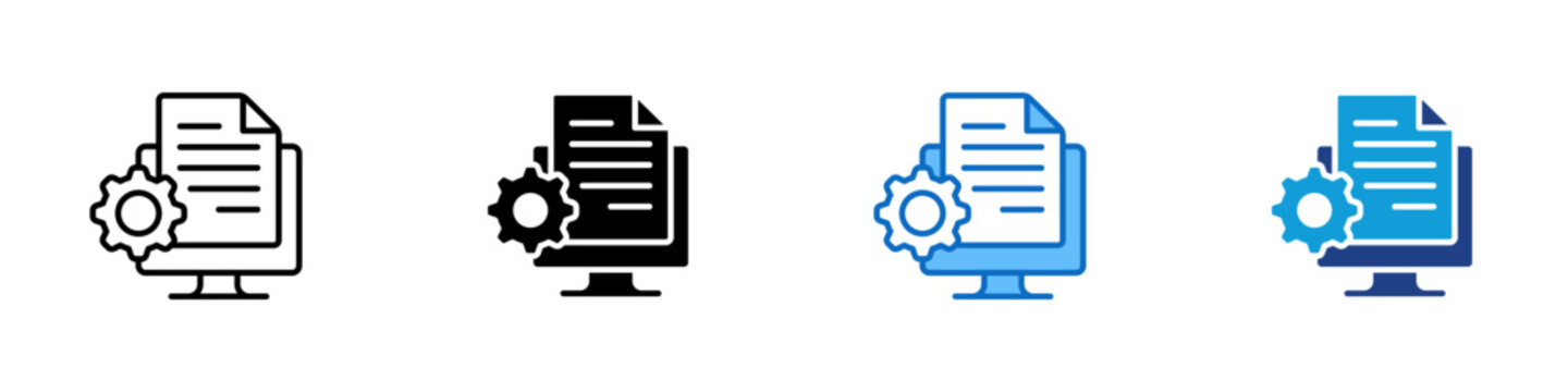 Technical Document Configuration Multiple Style Icon Design Vector - Monitor with document and gear representing technical documentation configuration, digital file settings, system report management