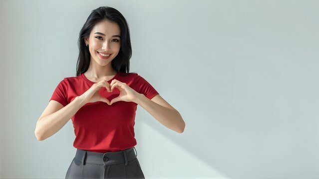 Beautiful young Asian woman making a heart sign with hands