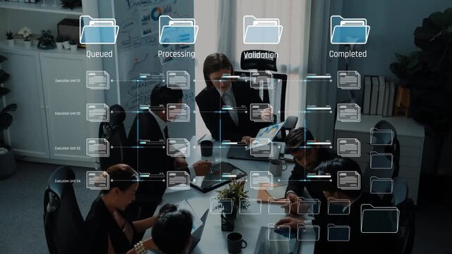 A dynamic team meeting showcasing collaboration in a modern office environment, with workflow management visually represented through folder graphics and active discussions. Raster