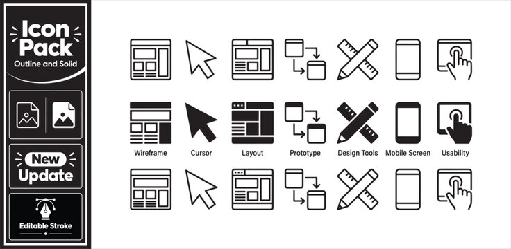 Outline and solid icon pack for ui ux design, web development, and mobile app interface creation.