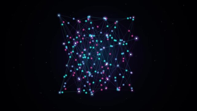 Complex digital cube cluster of glowing cyan and magenta connected data nodes