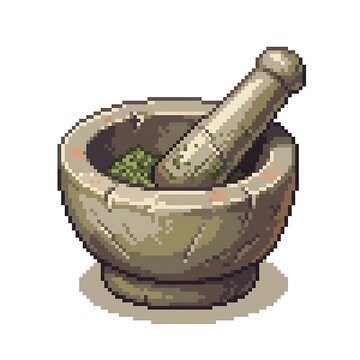 Pixel art stone mortar and pestle with crushed green herbs isolated on a white background