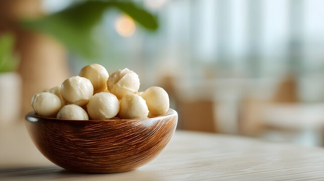 Fresh Raw Macadamia Nuts in a Wooden Bowl on a Light Background