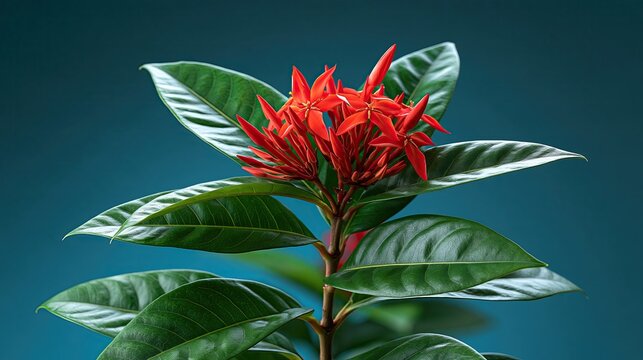 Red ixora flower cluster closeup, glossy dark green leaves, solid teal background, house potted plant, botanical poster design asset