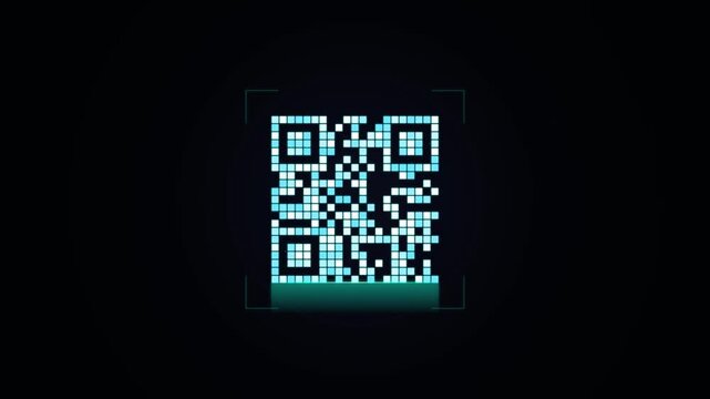 Digital neon cyan QR code scanning animation with futuristic corner frame brackets