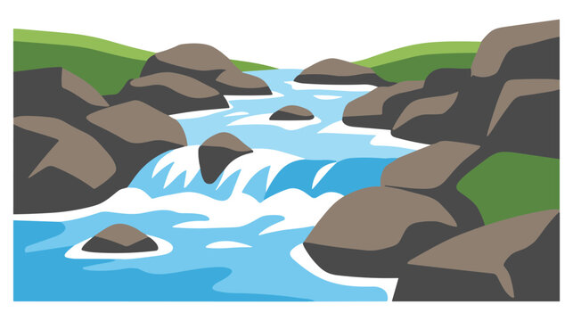 Fast flowing river over rocks and waterfall through green landscapes.