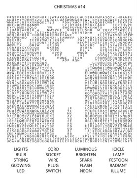 Festive Christmas Puzzle with Hidden Message and Light-themed Words