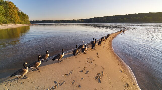 plausible. A flock of geese resting on a sandbar in a lake during golden hour. wildlife magazines, conservation campaigns, designed for eco-tourism storytelling, promotes animal welfare.