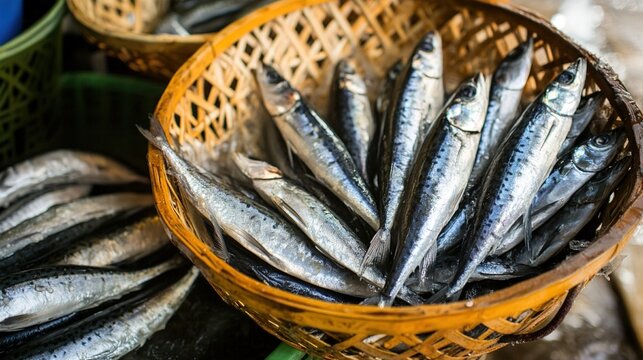 mackerel. A market stall basket filled with fresh, metallic-silver fish, early morning light. wildlife magazines, conservation campaigns, designed for nature documentaries and education.