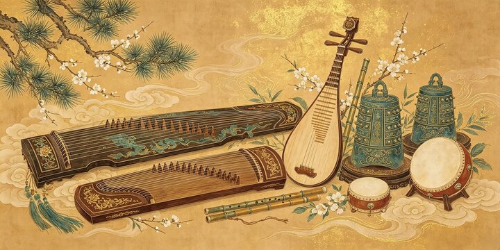 Traditional Chinese Gold Leaf Painting Traditional Musical Instruments Guzheng Pipa Bells Drums And Bamboo Flute