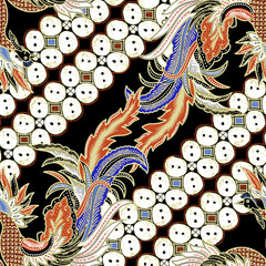 Seamless traditional Indonesian batik parang pattern with elegant floral ornaments on black background © PatternStudio