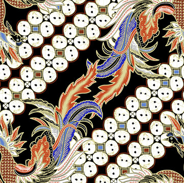 Seamless traditional Indonesian batik parang pattern with elegant floral ornaments on black background