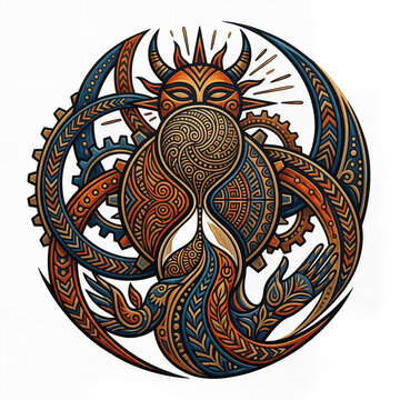 Intricate Tribal Steampunk Hourglass with Sun Face and Gears on Transparent Background Isolated on White