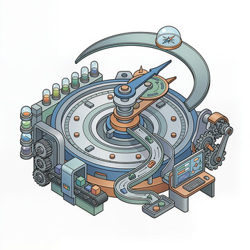 Isometric Futuristic Industrial Machine with Gears and Conveyor Belt isolated on white transparent background