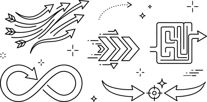 Vector arrow icons collection with infinity loop maze pathway dynamic speed pointers line art outline concept illustration