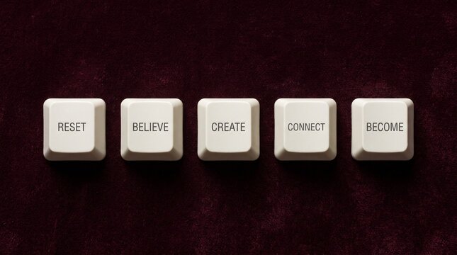 Inspirational words reset believe create connect and become printed on white computer keyboard keys over a dark background