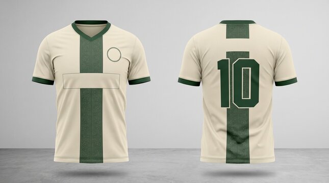 Cream and Dark Green Soccer Jersey Mockup Front and Back View with Number Ten Sportswear Uniform Design Template