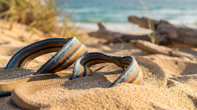 Australia day flip flops resting on sandy beach with ocean waves background during summer holiday vacation