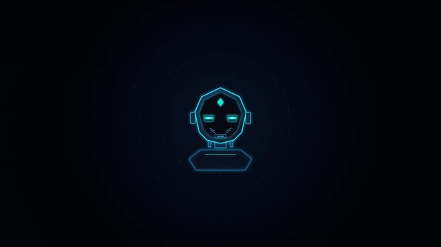 Minimalist neon cyan humanoid AI robot head and avatar wireframe icon