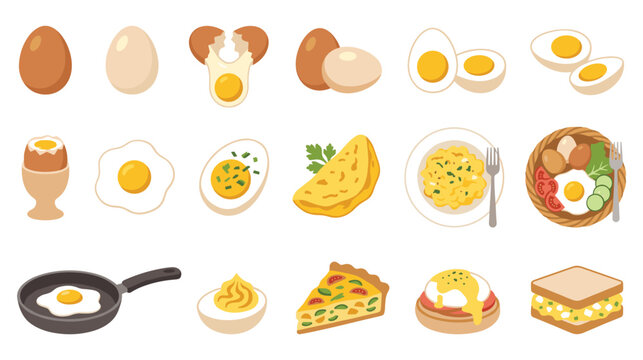 Delicious egg dishes and cooking preparations flat vector icons.