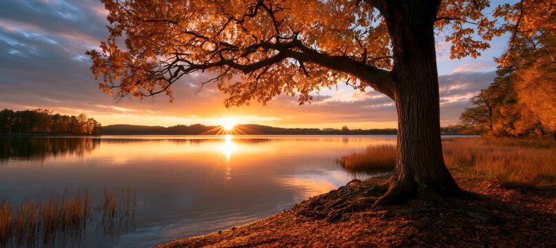Tree and sunset lake on autumn season. Generative video AI technology.