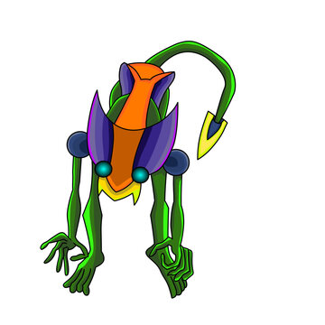 Sci-Fi Green Cyborg Creature Mascot with Stinger Tail and Glowing Eyes, Alien Predator Clipart
