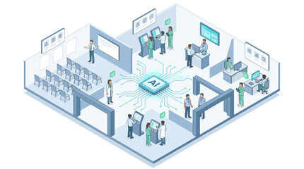 Obraz premium Isometric Smart Hospital with Artificial Intelligence Central Processor Connecting Medical Staff Doctors and Clinic Departments