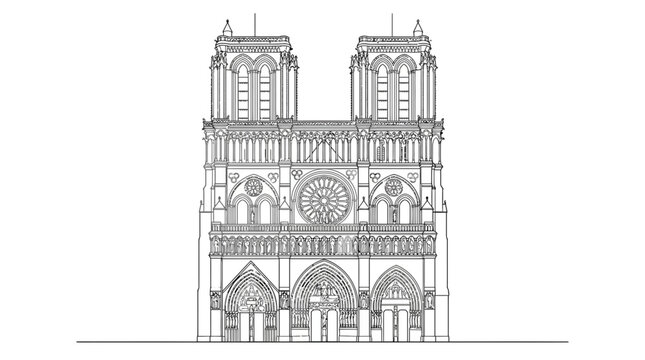 Minimalist line art illustration of Notre Dame Cathedral in Paris