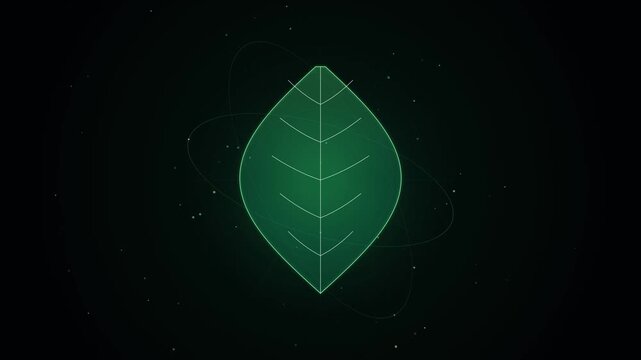 Glowing green holographic ecology leaf icon symbolizing sustainable clean technology