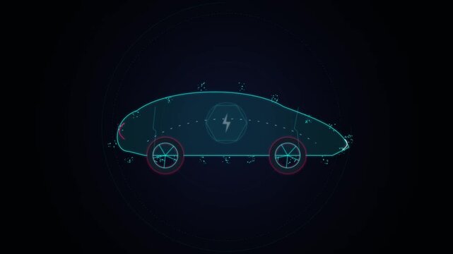 Futuristic autonomous electric vehicle wireframe outline with glowing wheels