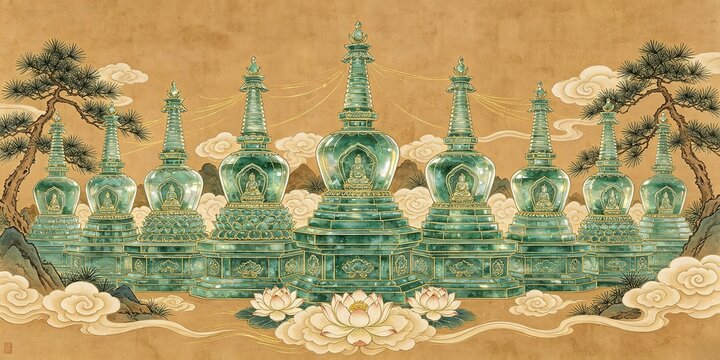 Traditional Chinese Gold Leaf Painting Seven Jade Stupas With Buddha Statues Lotus Flowers Pines And Clouds