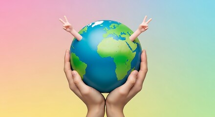 Obraz premium Hands holding a globe with peace signs on a rainbow background