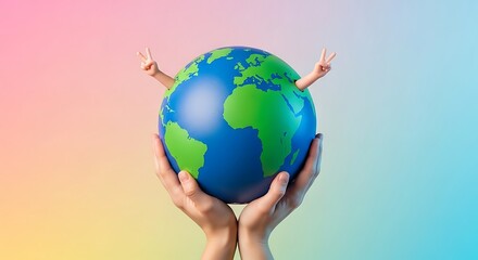 Obraz premium Hands holding a globe with a peace sign against a rainbow background