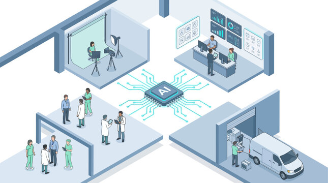 Isometric AI Technology Connecting Industries Automation in Healthcare Logistics Media and Business Concept