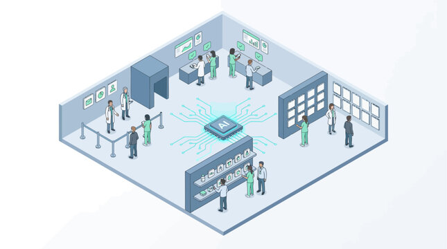 Isometric Artificial Intelligence in Healthcare Concept with Medical Staff Doctors and Clinic Data Analytics