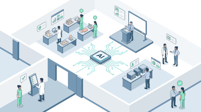 Isometric AI Healthcare System with Doctors Nurses Medical Research Server Room and Check-In Kiosk in Smart Hospital Illustration